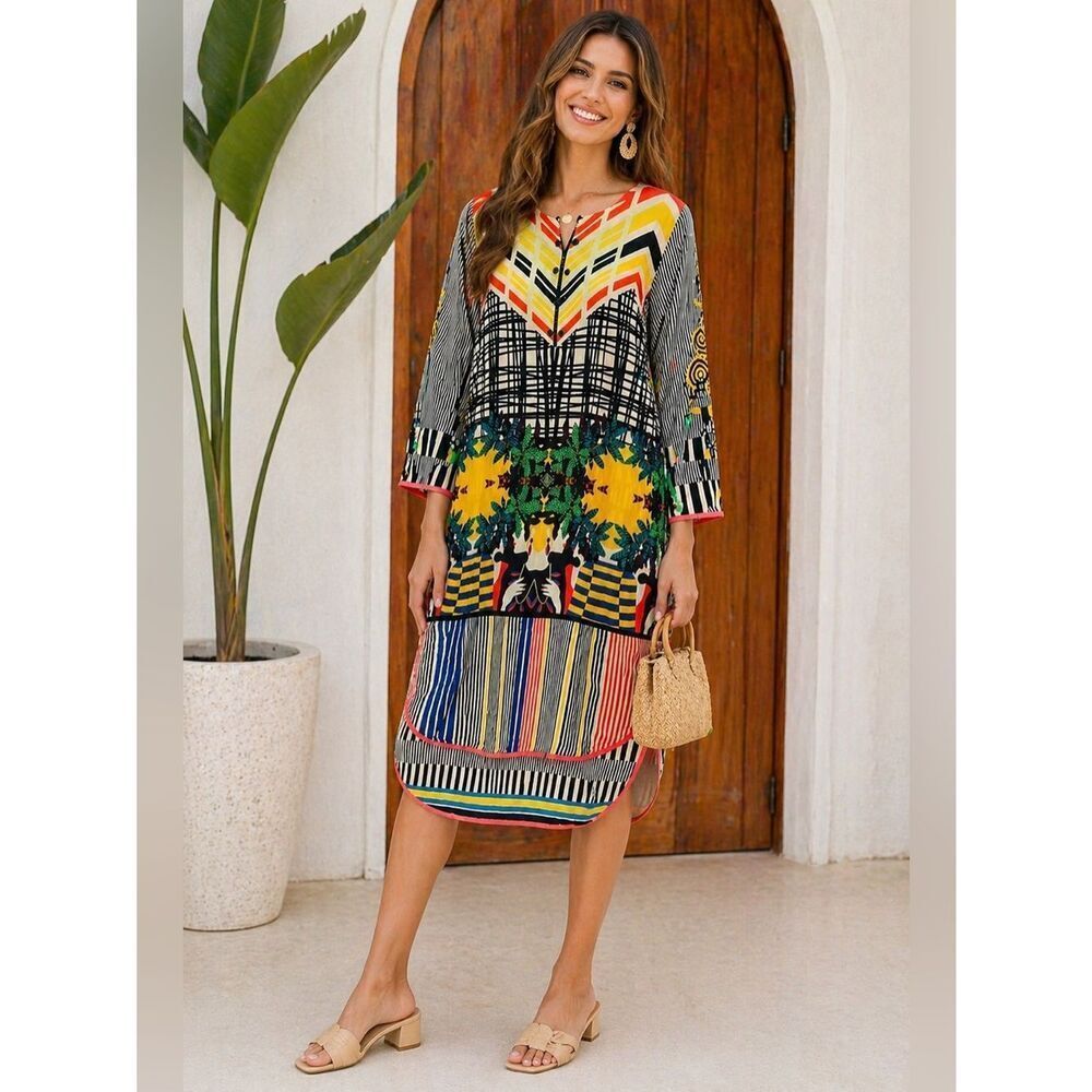East Breakout Bohemian Print Tunic Dress L Boho Resort Style